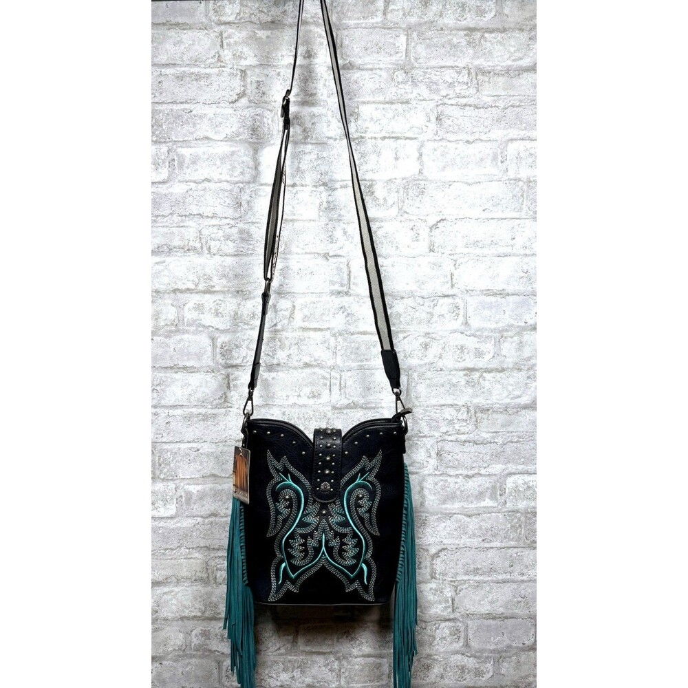 Montana West Crossbody Bag Black Turquoise Fringe Western Embroidered Purse NWT
